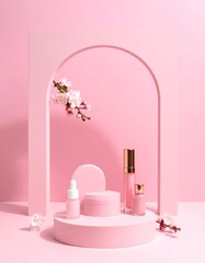 Pink cosmetic display with cherry blossoms