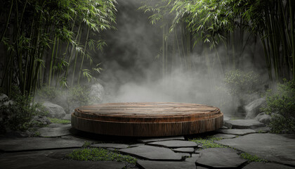 Serene wooden product display podium amidst foggy bamboo grove.