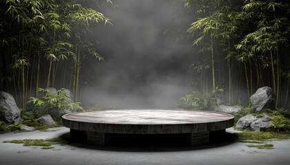 Rustic Wooden Display Podium in Serene Bamboo Forest with Misty Ambiance.