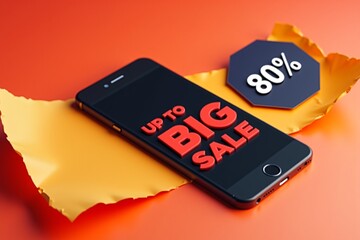 Smartphone displays "Up to Big Sale" beside 80% discount sign, vibrant orange-red background. Modern digital promotion scene.