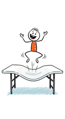Happy stick figure jumping on a flexible table, a playful cartoon illustration symbolizing joy and energy.
