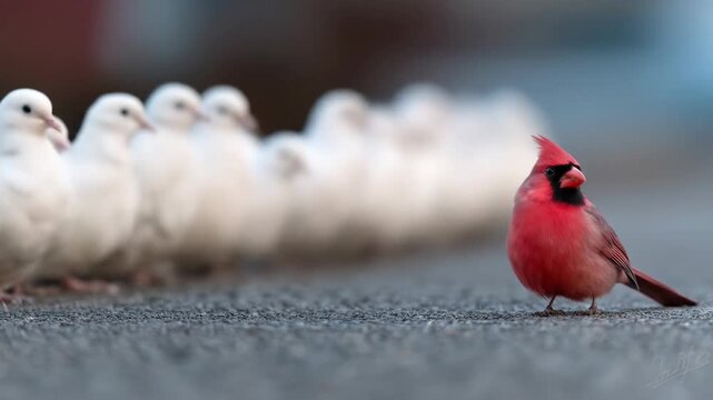 Cardinal bird standing out from a row of white pigeons group