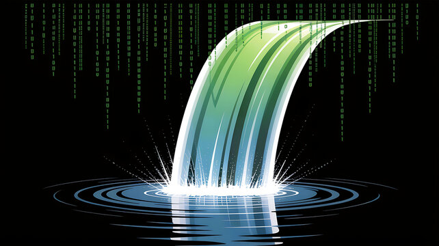 Waterfall flowing into rippling water with matrix background