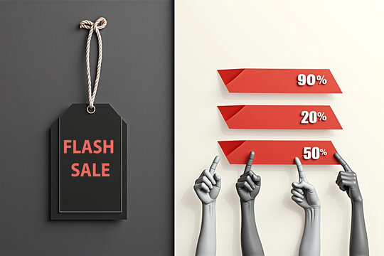 Blank tag hangs beside hands pointing at red percentage bars: 90%, 50%, and 20%sales or survey results.