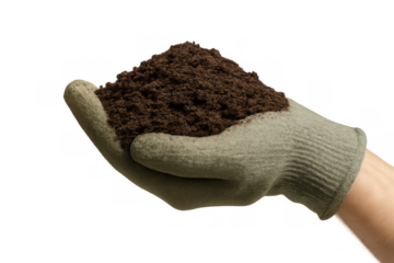 Hand wearing a protective green gardening glove carefully holds a small mound of dark, fertile soil, ready for planting and growth