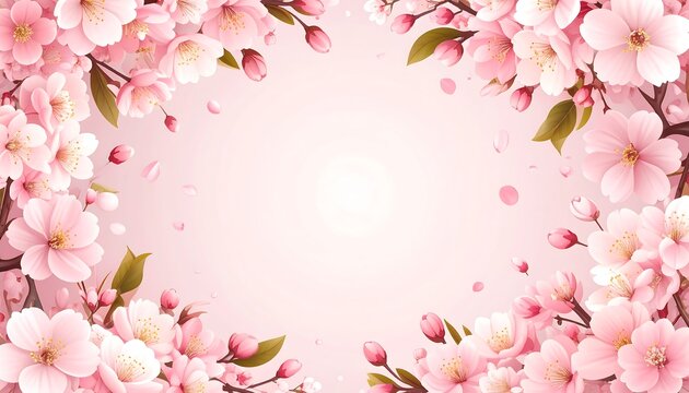A delicate frame of blooming pink flowers against a soft, gradient background