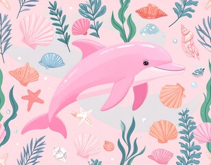 Pink dolphin surrounded by seashells, seaweed, and sea stars on a pastel pink background