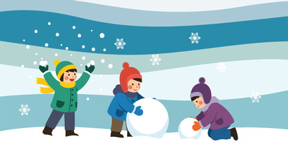 Fototapeta premium Joyful winter fun with kids making snowballs in a whimsical snowy landscape, perfect for holiday greeting cards