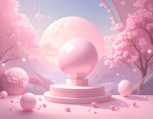 Pink, dreamy, 3D scene with a pedestal