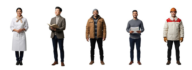 Diverse professionals: pastry chef, professor, construction manager, teaching assistant, volcanologist. Perfect for career day, HR, educational programs, corporate presentations.