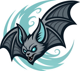 Dynamic Cartoon Bat Character with Intense Blue Gaze and Ethereal Swirling Design Element