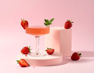 Pink drink with strawberries on a pastel background