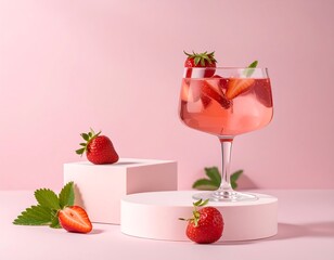 Pink drink with strawberries on a pink background