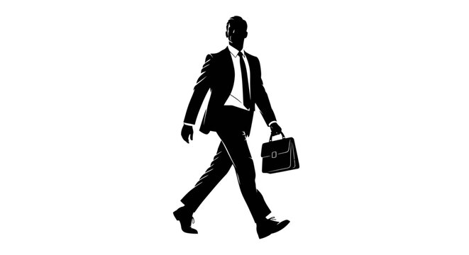 Silhouette of a businessman in a suit and tie walking with a briefcase
