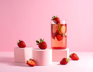 Pink drink with strawberries on geometric podiums