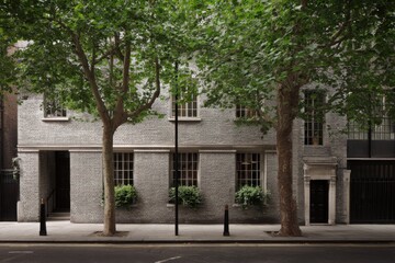 Obraz premium Urban architecture showcases a modern grey brick building surrounded by lush trees on a quiet London street in the afternoon light