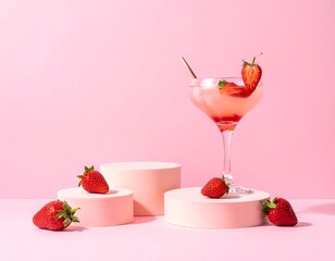 Pink drink with strawberries on podiums (1)