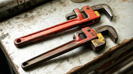 Old metal pipe wrenches on rustic workshop table
