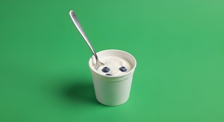 A white cup filled with creamy yogurt topped with fresh blueberries and a silver spoon on a vibrant green background