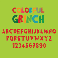 A bold and playful Grunge Colorful Grinch Vector Font perfect for Christmas designs, posters, crafts, and festive projects. Vibrant, textured, and ideal for creative holiday artwork.