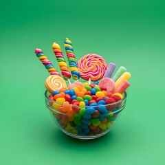 A colorful assortment of candies including lollipops, gummies, and chocolate-coated sweets in a clear glass bowl against a vibrant green background