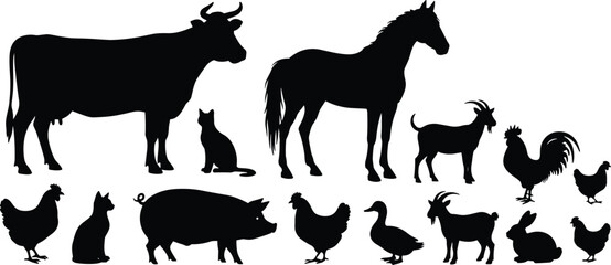 Farm animal silhouette collection featuring cow, horse, goat, pig, chicken, duck, rooster, rabbit, cat, barnyard livestock vector illustration