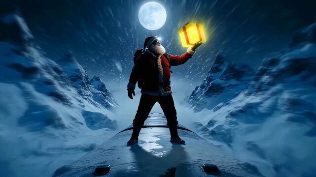Cinematic animation of santa claus with a glowing gift on a moving train in a snowy mountain landscape at night
