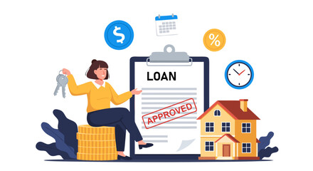Loan approved! A woman holds keys to her new house, symbolizing financial success and property ownership with coins and an approved stamp on a document