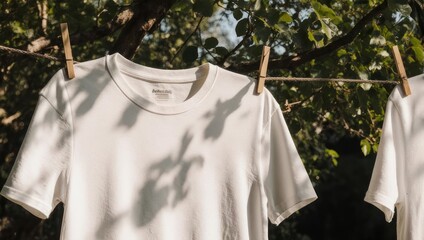 Two clean, white t-shirts hang drying on a clothesline outdoors, clipped with wooden pegs