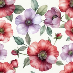Seamless Watercolor Floral Pattern with Red and Purple Anemones.