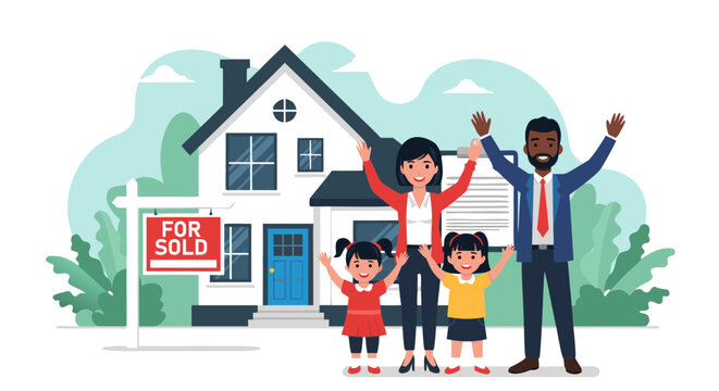 Happy Family Celebrates New Home Purchase House with 'Sold' Sign, Children and Parents Celebrating