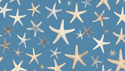 Fototapeta premium Starfish scattered on a blue background, creating a serene underwater pattern.