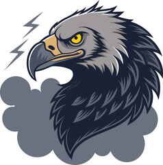 Intense illustration of an eagle's head with a determined gaze, framed by stormy clouds and lightning, symbolizing power and strength