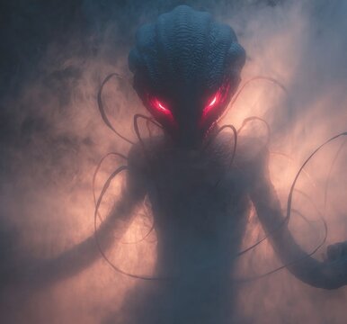 Mysterious Being: An enigmatic entity emerges from a shroud of mist, its crimson eyes hinting at an unfathomable presence, shrouded in an atmosphere of mystery and suspense.