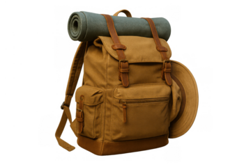 Vintage canvas rucksack with rolled sleeping pad and hat, representing travel, hiking, and camping adventures