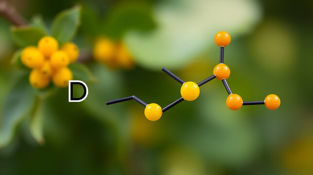 Fructose, D-fructose molecule. Linear form. Structural chemical formula and molecule model