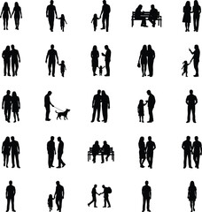 Family and couple silhouettes walking, talking, and interacting outdoors, perfect for lifestyle illustrations, relationship concepts, parenting themes, and community designs