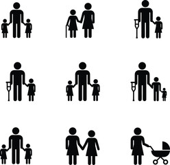 Fototapeta premium Family and parenting icons set, caring parents with children, disability support, motherhood, fatherhood, childcare, community care illustration design