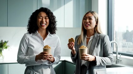 Two diverse businesswomen enjoying coffee and conversation in a modern office kitchen. - Powered by Adobe