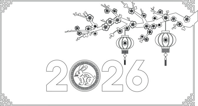 Outlined Year of the Rabbit 2026 Lunar New Year Design with Lanterns and Blossoms