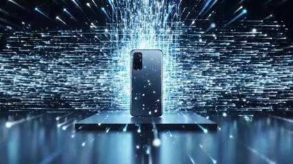 Cutting Edge Smartphone Unveiling Amidst a Swirl of Abstract Blue Digital Energy and Rapid Light Trails Emphasizing Speed and High Tech Connectivity