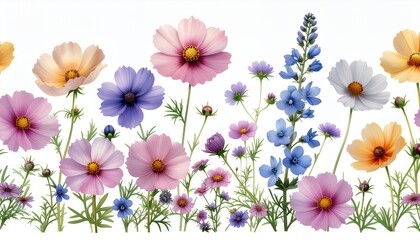Vibrant watercolor floral border featuring colorful cosmos and diverse wildflowers on a clean white background.