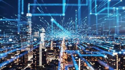 Futuristic Smart City with Digital Data Network Lines and Glowing Particles Connecting Urban Buildings at Night Representing Global Technology and Big Data flow - Powered by Adobe