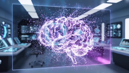 Vibrant digital brain hologram in a futuristic  research lab representing advanced neuroscience intelligence computing and future technology - Powered by Adobe