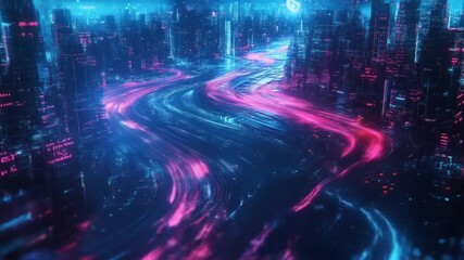 Neon cityscapes with abstract light trails - Powered by Adobe