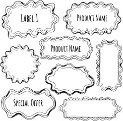 Hand-drawn Wavy Doodle Frames and Labels Set on White Background