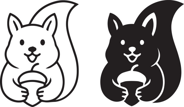 Simple vector logo illustration of a happy squirrel mascot holding an acorn, black and white graphic design