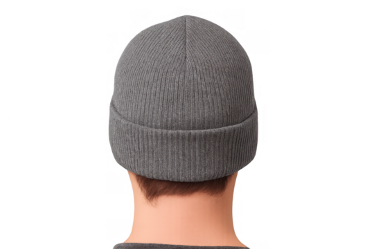 Person wearing gray knitted beanie, back view, keeping warm with winter headwear accessory