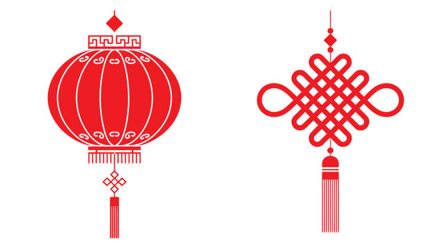 Red Chinese Lantern and Mystic Knot Illustration on White Background for Celebrations and Decor