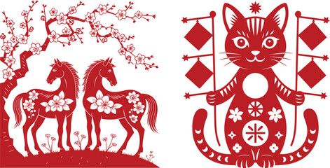 Red Chinese New Year Papercut Featuring Horses Under Blossoms and a Cat Holding Flags